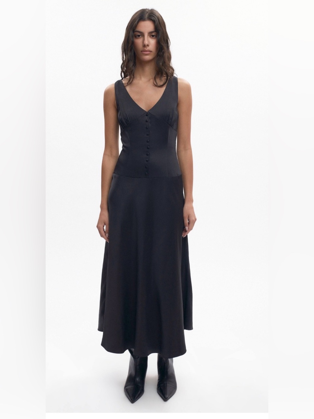 KOTN Cleo Plunge dress Black Satin Midi Dress size medium, nwt